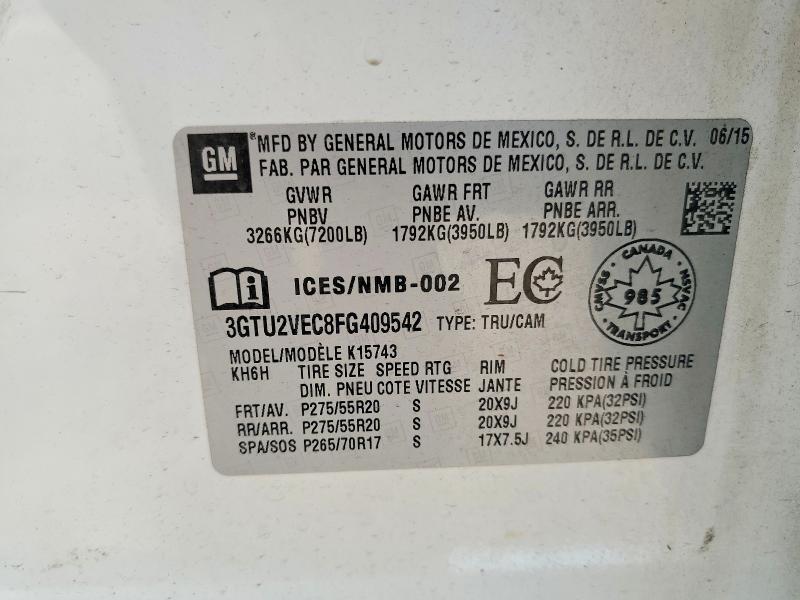 2015 Gmc Sierra მანქანა იყიდება აუქციონზე, vin: 3GTU2VEC8FG409542, აუქციონის ნომერი: 55515096
