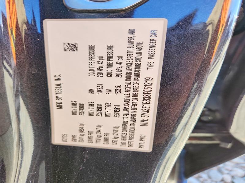 2025 Tesla Model 3 მანქანა იყიდება აუქციონზე, vin: 5YJ3E1EB3SF051219, აუქციონის ნომერი: 57214526