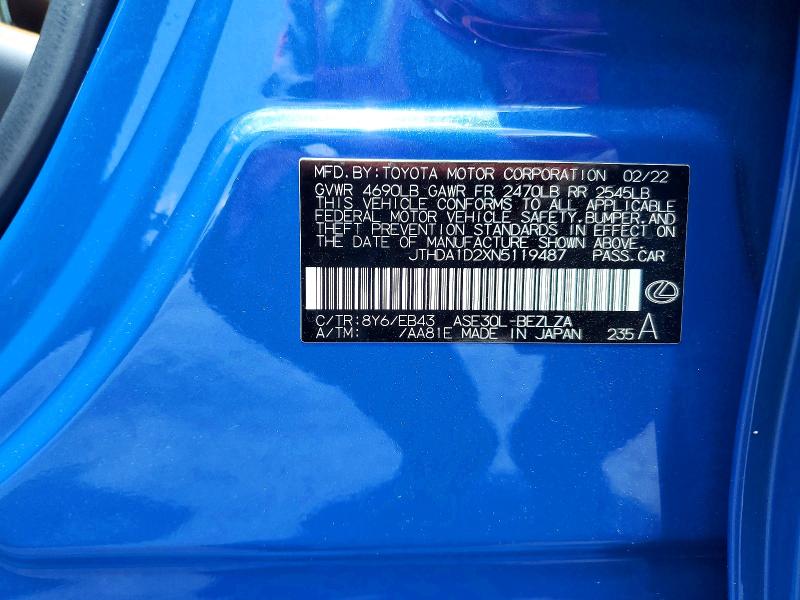 Aukcja sprzedaży 2022 Lexus Is, vin: JTHDA1D2XN5119487, numer aukcji: 56835196