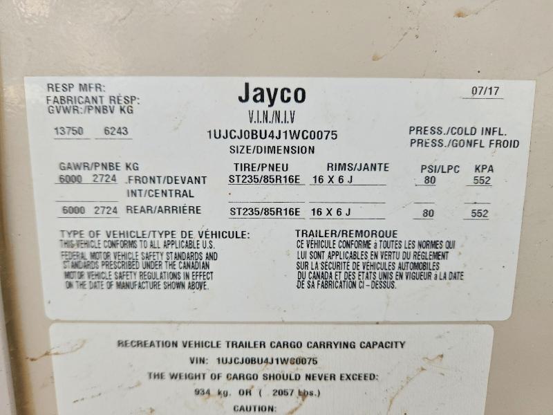 Продажа на аукционе авто 2018 Jayco Jay Recreational Vehicle (rv), vin: 1UJCJ0BU4J1WC0075, номер лота: 57017096