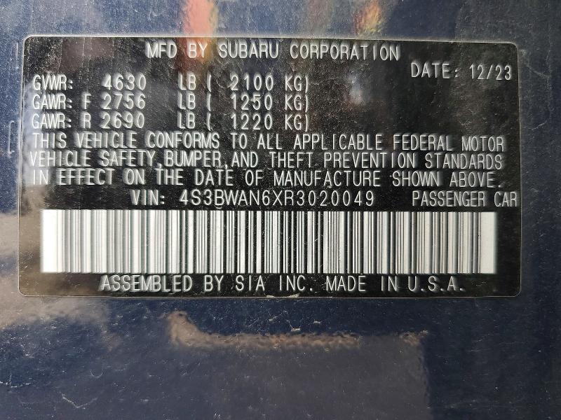 2024 Subaru Legacy მანქანა იყიდება აუქციონზე, vin: 4S3BWAN6XR3020049, აუქციონის ნომერი: 58980076
