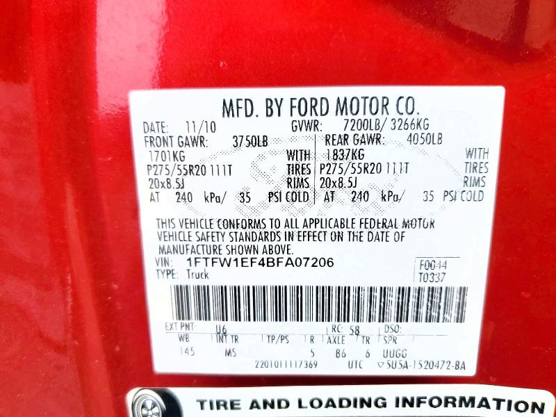 2011 Ford F150 მანქანა იყიდება აუქციონზე, vin: 1FTFW1EF4BFA07206, აუქციონის ნომერი: 55457286