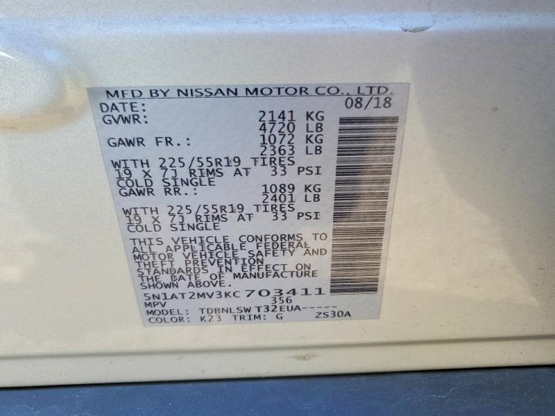 2019 Nissan Rogue მანქანა იყიდება აუქციონზე, vin: 5N1AT2MV3KC703411, აუქციონის ნომერი: 55837526