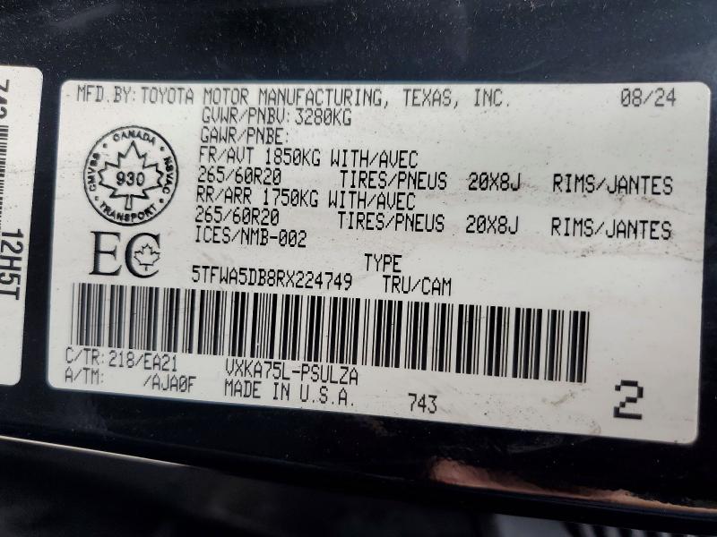 Продажа на аукционе авто 2024 Toyota Tundra, vin: 5TFWA5DB8RX224749, номер лота: 59102986