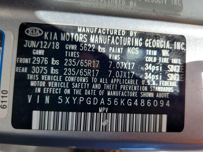Auction sale of the 2019 Kia Sorento, vin: 5XYPGDA56KG486094, lot number: 55360366