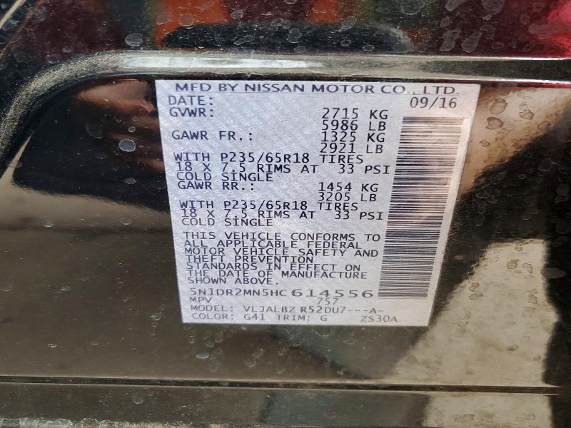 58836496 :رقم المزاد ، 5N1DR2MN5HC614556 vin ، 2017 Nissan Pathfinder مزاد بيع