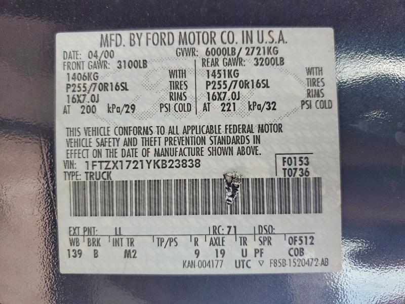 Aukcja sprzedaży 2000 Ford F150, vin: 1FTZX1721YKB23838, numer aukcji: 57930036
