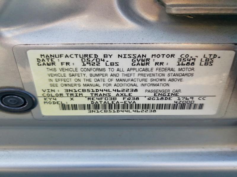 Продажа на аукционе авто 2004 Nissan Sentra, vin: 3N1CB51D44L462238, номер лота: 59228116