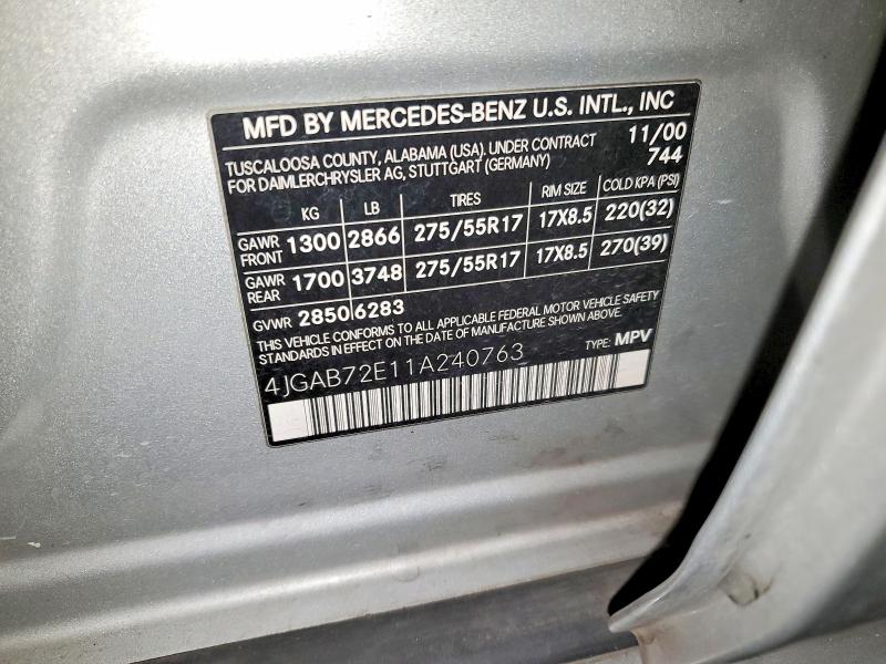 58596676 :رقم المزاد ، 4JGAB72E11A240763 vin ، 2001 Mercedes-benz Ml مزاد بيع