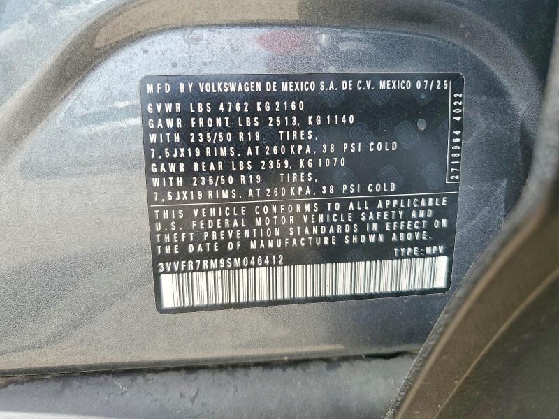 2025 Volkswagen Tiguan მანქანა იყიდება აუქციონზე, vin: 3VVFR7RM9SM046412, აუქციონის ნომერი: 57325176