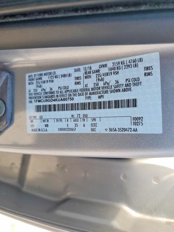 2019 Ford Escape მანქანა იყიდება აუქციონზე, vin: 1FMCU9GD4KUA80750, აუქციონის ნომერი: 55532656