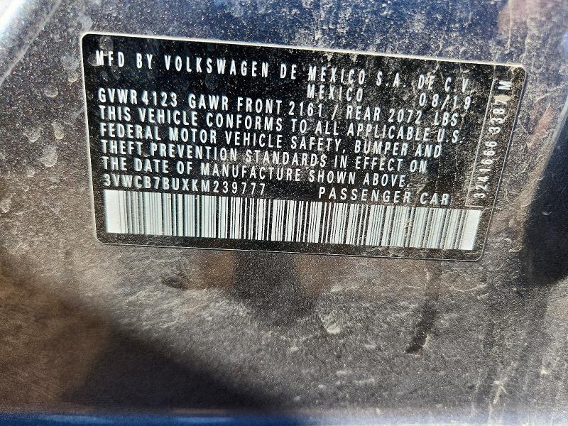 2019 Volkswagen Jetta მანქანა იყიდება აუქციონზე, vin: 3VWCB7BUXKM239777, აუქციონის ნომერი: 57424806