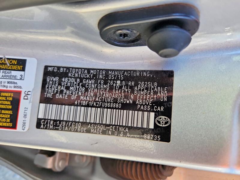 2015 Toyota Camry მანქანა იყიდება აუქციონზე, vin: 4T1BF1FK2FU968880, აუქციონის ნომერი: 58839246