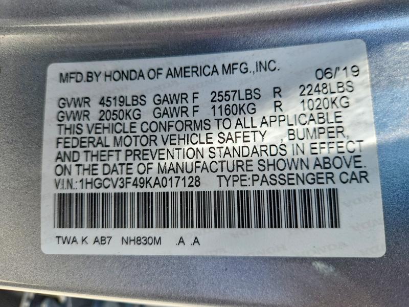 55610126 :رقم المزاد ، 1HGCV3F49KA017128 vin ، 2019 Honda Accord مزاد بيع