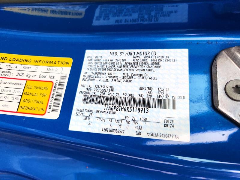 2019 Ford Mustang მანქანა იყიდება აუქციონზე, vin: 1FA6P8TH6K5118913, აუქციონის ნომერი: 56474736