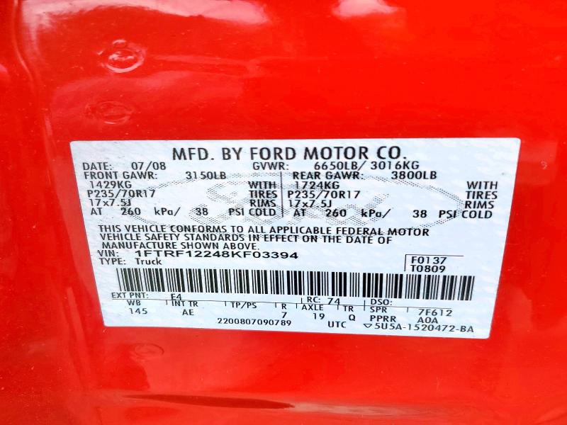Aukcja sprzedaży 2008 Ford F150, vin: 1FTRF12248KF03394, numer aukcji: 55236156