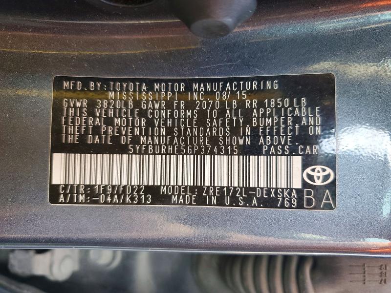 Продажа на аукционе авто 2016 Toyota Corolla, vin: 5YFBURHE5GP374315, номер лота: 55977406