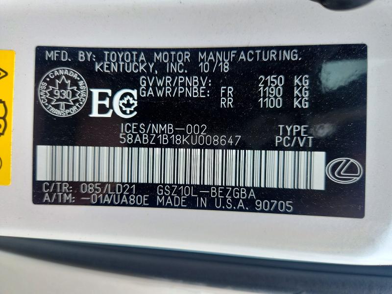Aukcja sprzedaży 2019 Lexus Es, vin: 58ABZ1B18KU008647, numer aukcji: 57837966