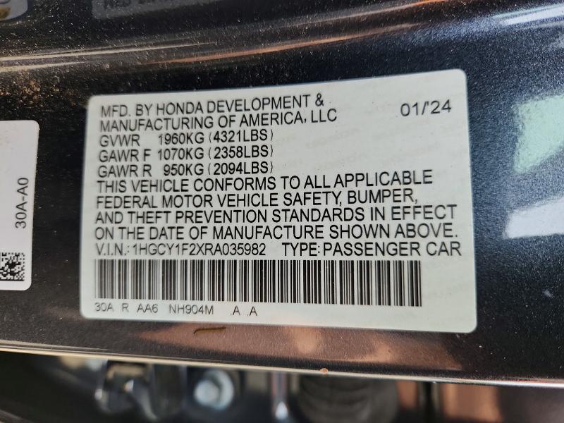 2024 Honda Accord მანქანა იყიდება აუქციონზე, vin: 1HGCY1F2XRA035982, აუქციონის ნომერი: 57022786