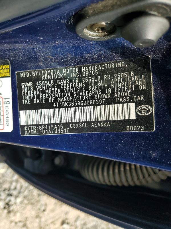 Aukcja sprzedaży 2006 Toyota Avalon, vin: 4T1BK36B86U080397, numer aukcji: 56306656