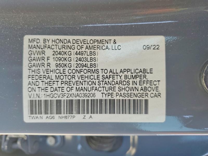 2022 Honda Accord მანქანა იყიდება აუქციონზე, vin: 1HGCV3F2XNA039206, აუქციონის ნომერი: 56858196