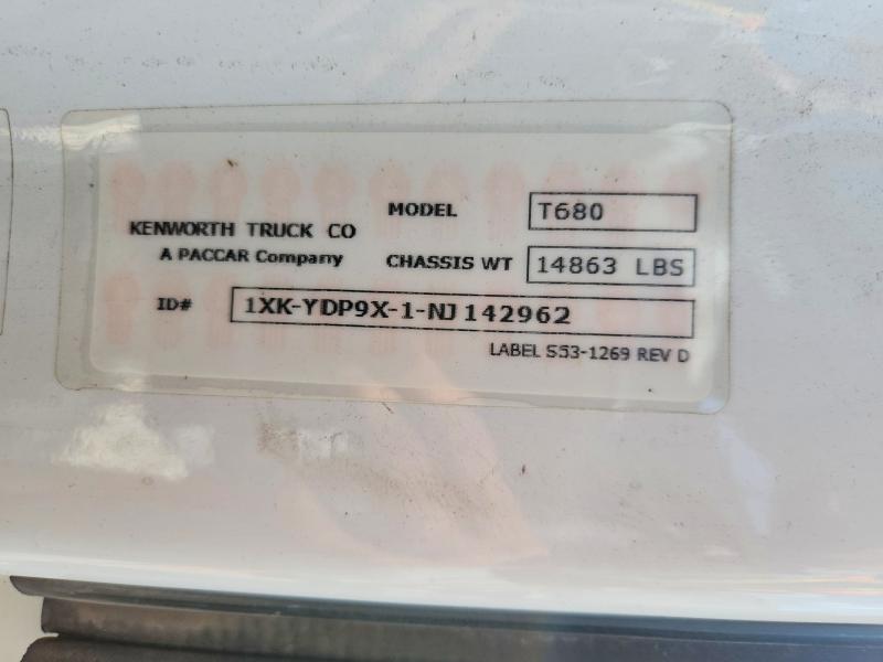 Aukcja sprzedaży 2022 Kenworth T680, vin: 1XKYDP9X1NJ142962, numer aukcji: 54860516