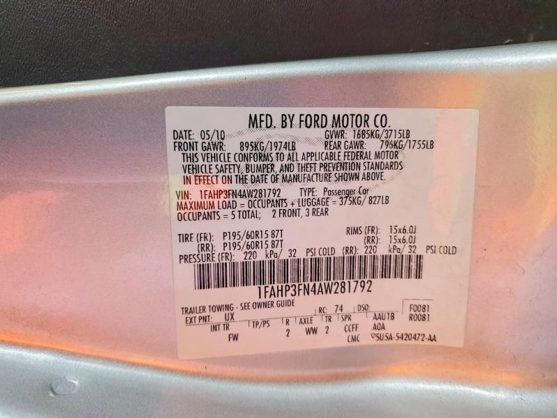 Продажа на аукционе авто 2010 Ford Focus, vin: 1FAHP3FN4AW281792, номер лота: 58292606