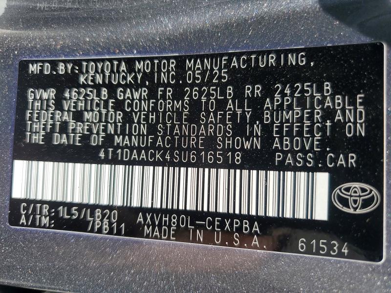 2025 Toyota Camry მანქანა იყიდება აუქციონზე, vin: 4T1DAACK4SU616518, აუქციონის ნომერი: 58832126