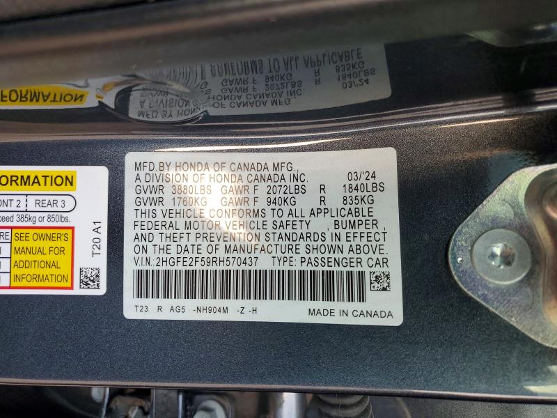Продажа на аукционе авто 2024 Honda Civic, vin: 2HGFE2F59RH570437, номер лота: 54986236