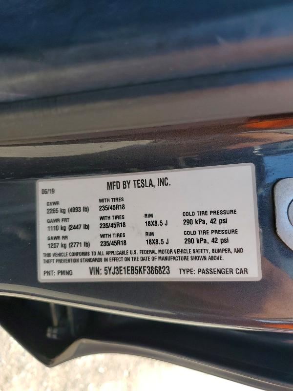 Продажа на аукционе авто 2019 Tesla Model 3, vin: 5YJ3E1EB5KF386823, номер лота: 58276526