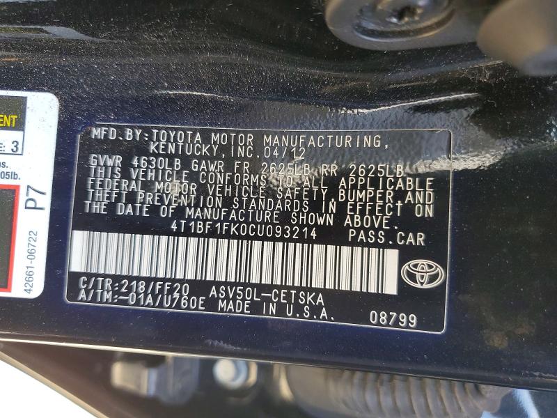 Продаж на аукціоні авто 2012 Toyota Camry, vin: 4T1BF1FK0CU093214, номер лоту: 58406096