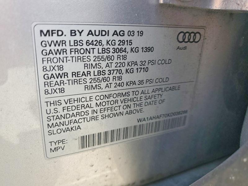 Продаж на аукціоні авто 2019 Audi Q7, vin: WA1AHAF70KD036266, номер лоту: 57638216
