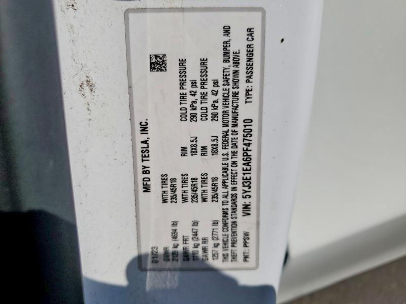 55813396 :رقم المزاد ، 5YJ3E1EA6PF475010 vin ، 2023 Tesla Model 3 مزاد بيع