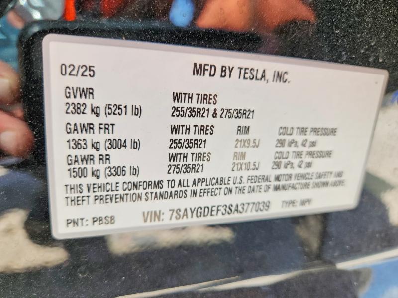 59353056 :رقم المزاد ، 7SAYGDEF3SA377039 vin ، 2025 Tesla Model Y مزاد بيع