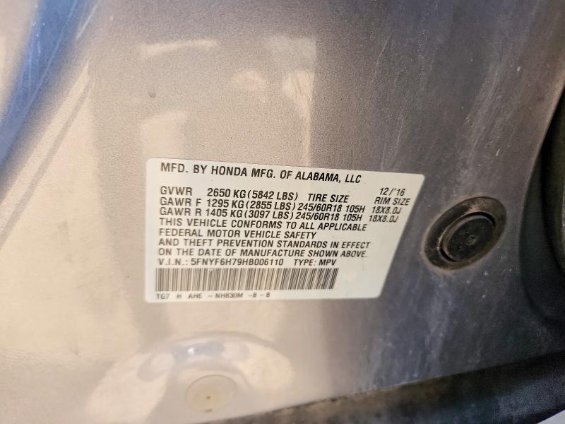 56046896 :رقم المزاد ، 5FNYF6H79HB006110 vin ، 2017 Honda Pilot مزاد بيع