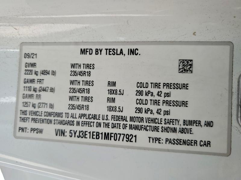 Продаж на аукціоні авто 2021 Tesla Model 3, vin: 5YJ3E1EB1MF077921, номер лоту: 57368446