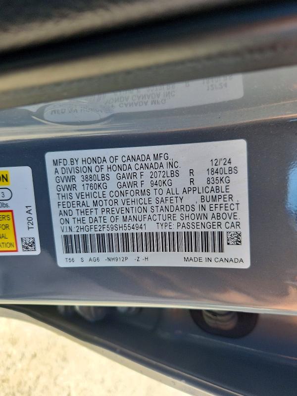 2025 Honda Civic მანქანა იყიდება აუქციონზე, vin: 2HGFE2F59SH554941, აუქციონის ნომერი: 58209016