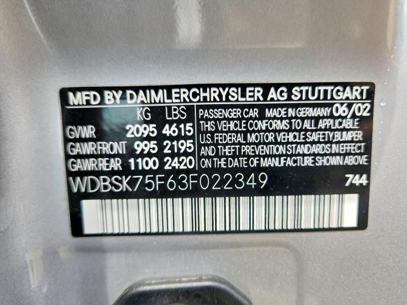 58935946 :رقم المزاد ، WDBSK75F63F022349 vin ، 2003 Mercedes-benz Sl مزاد بيع