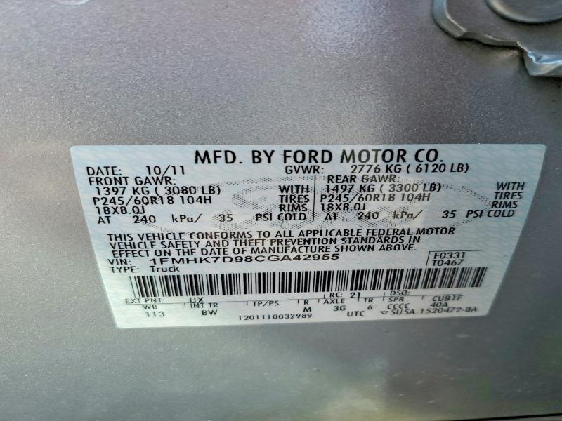 58580436 :رقم المزاد ، 1FMHK7D98CGA42955 vin ، 2012 Ford Explorer مزاد بيع