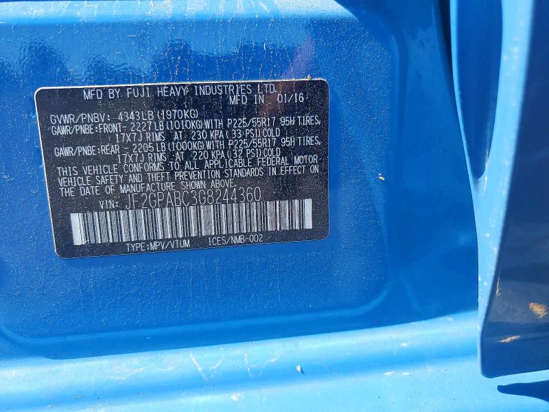 2016 Subaru Crosstrek მანქანა იყიდება აუქციონზე, vin: JF2GPABC3G8244360, აუქციონის ნომერი: 58581746