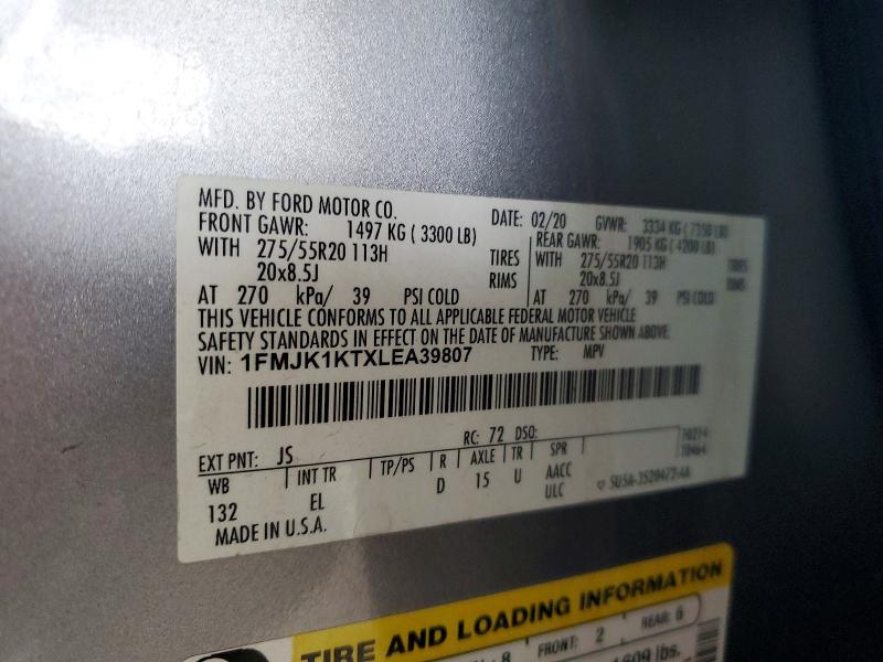 2020 Ford Expedition მანქანა იყიდება აუქციონზე, vin: 1FMJK1KTXLEA39807, აუქციონის ნომერი: 57938196