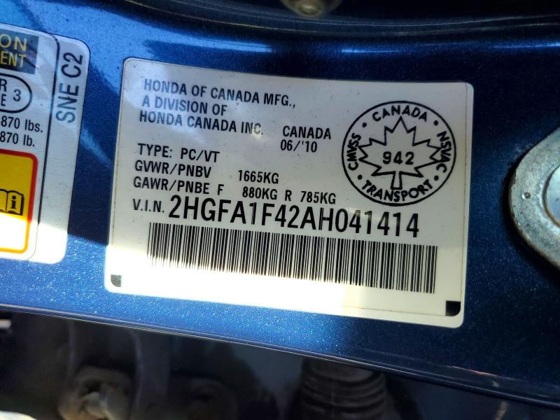 2010 Honda Civic მანქანა იყიდება აუქციონზე, vin: 2HGFA1F42AH041414, აუქციონის ნომერი: 57325556