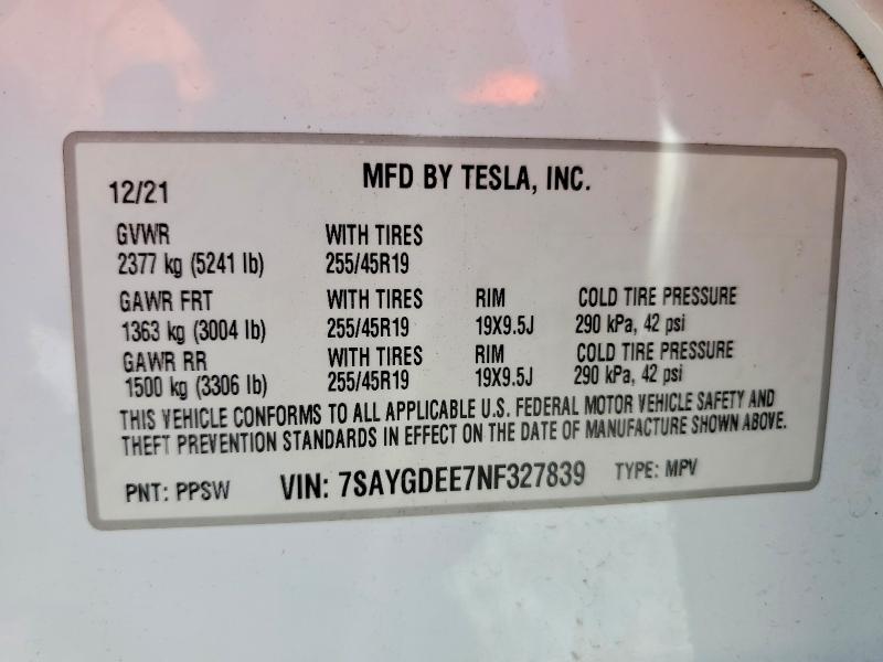 55702096 :رقم المزاد ، 7SAYGDEE7NF327839 vin ، 2022 Tesla Model Y مزاد بيع