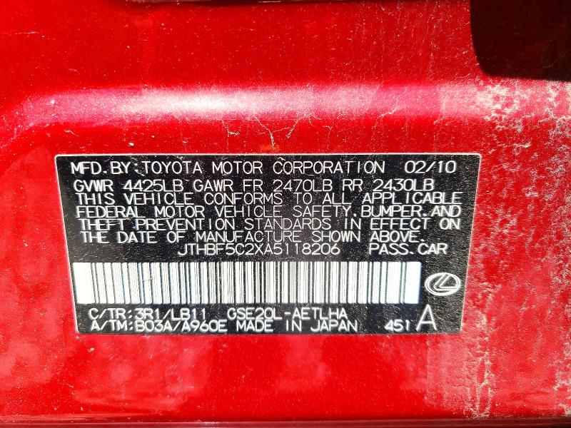 2010 Lexus Is მანქანა იყიდება აუქციონზე, vin: JTHBF5C2XA5118206, აუქციონის ნომერი: 56013186