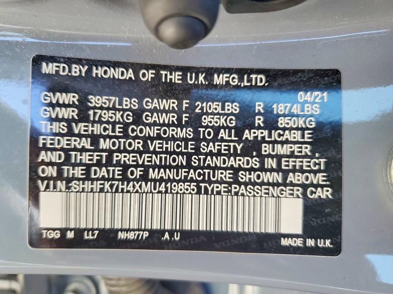 94177015 :رقم المزاد ، SHHFK7H4XMU419855 vin ، 2021 Honda Civic مزاد بيع