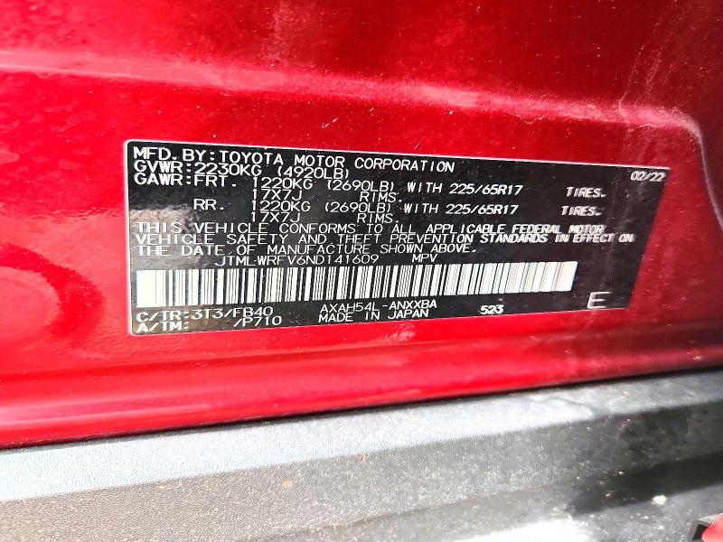 Aukcja sprzedaży 2022 Toyota Rav4, vin: JTMLWRFV6ND141609, numer aukcji: 57572376