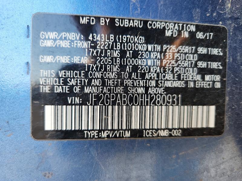 Aukcja sprzedaży 2017 Subaru Crosstrek, vin: JF2GPABC0HH280931, numer aukcji: 57641656