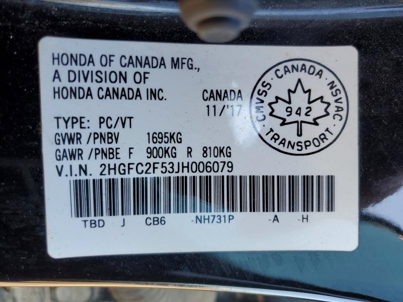 2018 Honda Civic მანქანა იყიდება აუქციონზე, vin: 2HGFC2F53JH006079, აუქციონის ნომერი: 55431926