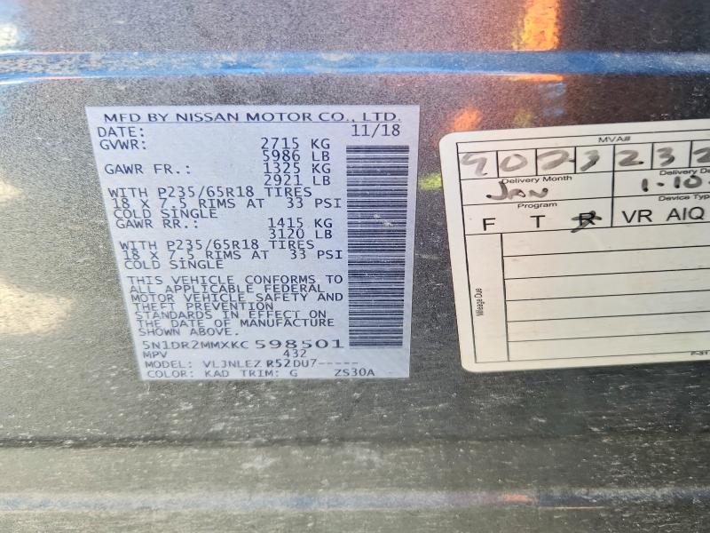 Aukcja sprzedaży 2019 Nissan Pathfinder, vin: 5N1DR2MMXKC598501, numer aukcji: 56767816