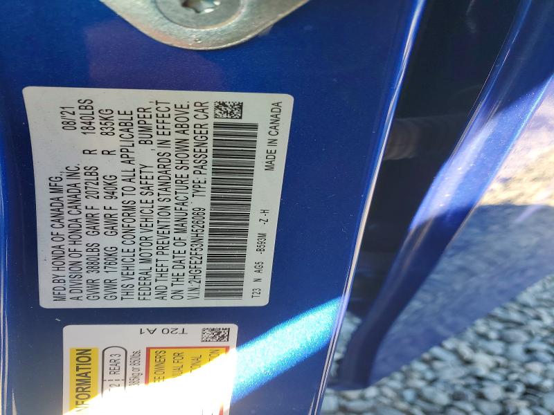 Aukcja sprzedaży 2022 Honda Civic, vin: 2HGFE2F53NH526069, numer aukcji: 57765296